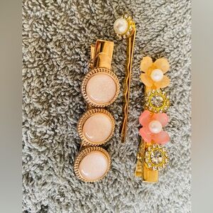 Gold Hair Clip Set with Peach and Coral Accents